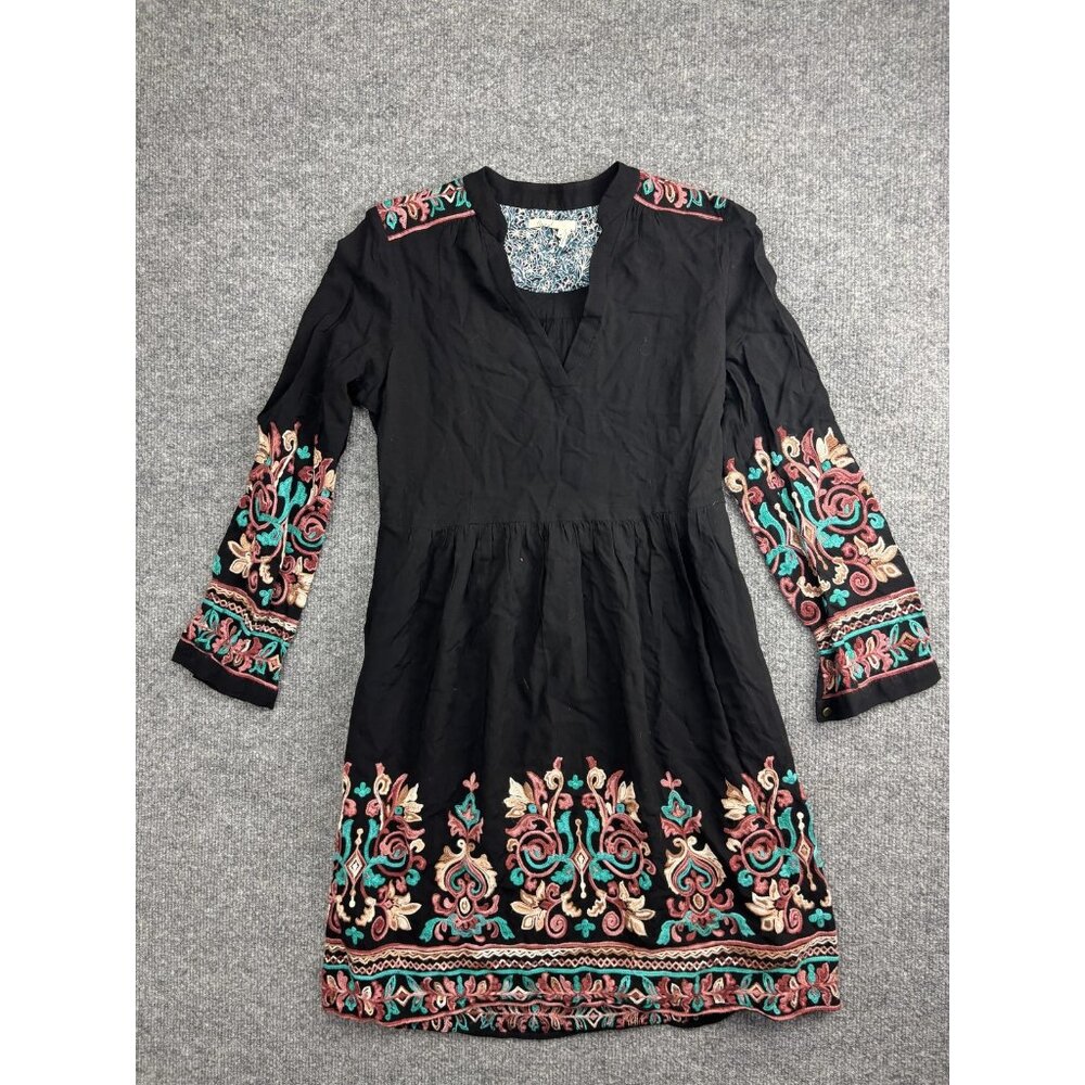 Floreat Dress Womens XS Black Floral Embroidered 3/4 Sleeve Boho Shift Mini